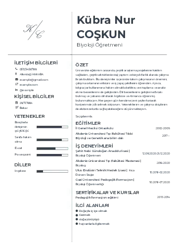 Biyoloji Öğretmeni CV Örnekleri cv indir